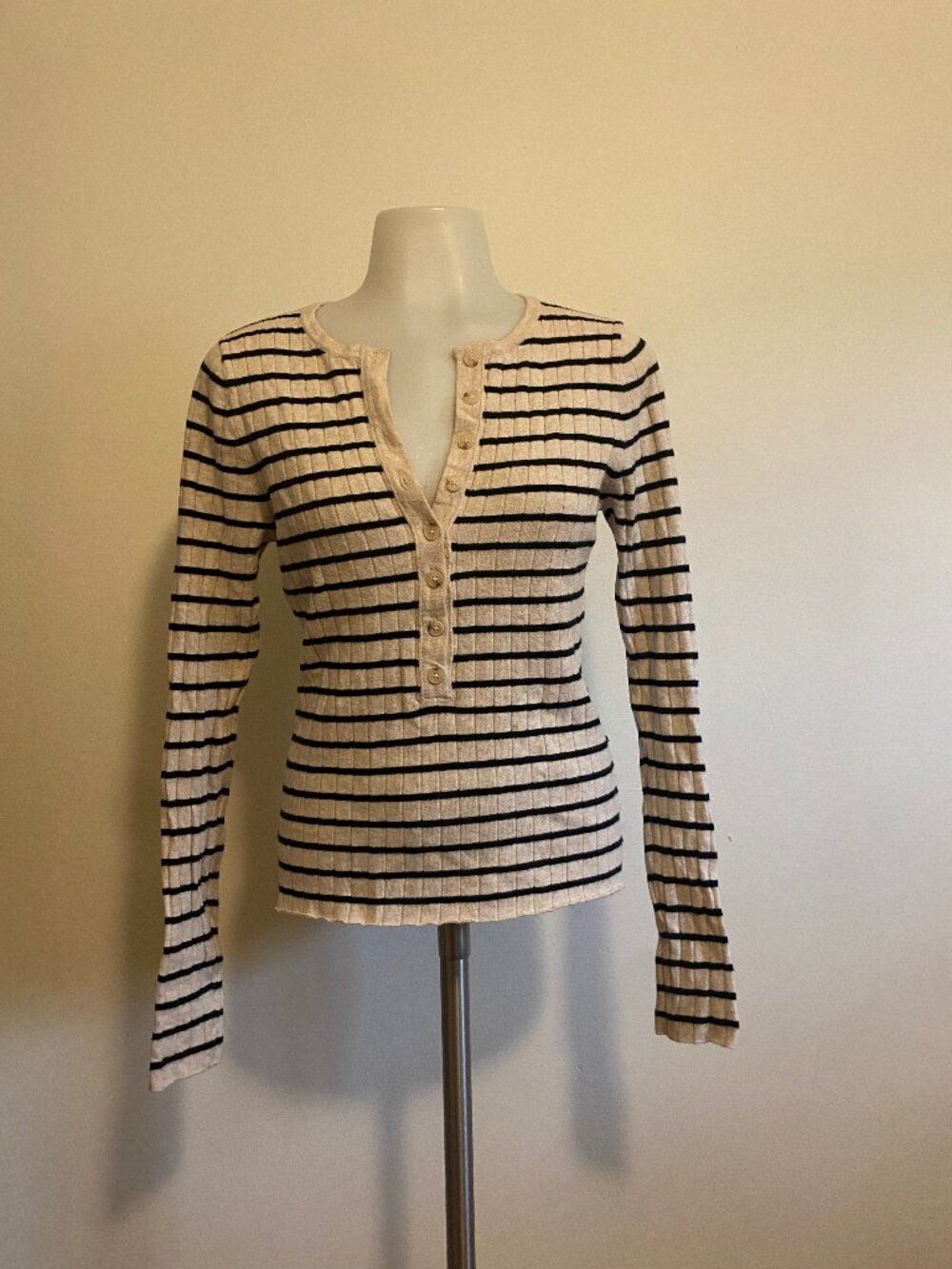 Universal Thread Cream And Black Ribbed Striped Henley